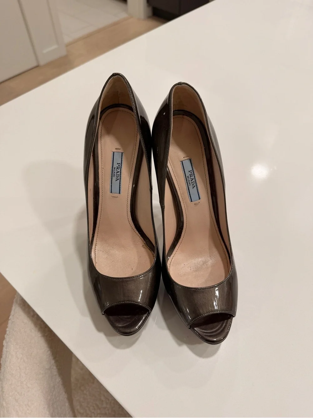 Prada Green  Patent Leather Peep-Toe Stilettos - Picture 2 of 5